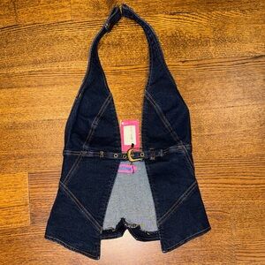 Edikted Dark Blue Denim Halter Vest with Front Buckle
